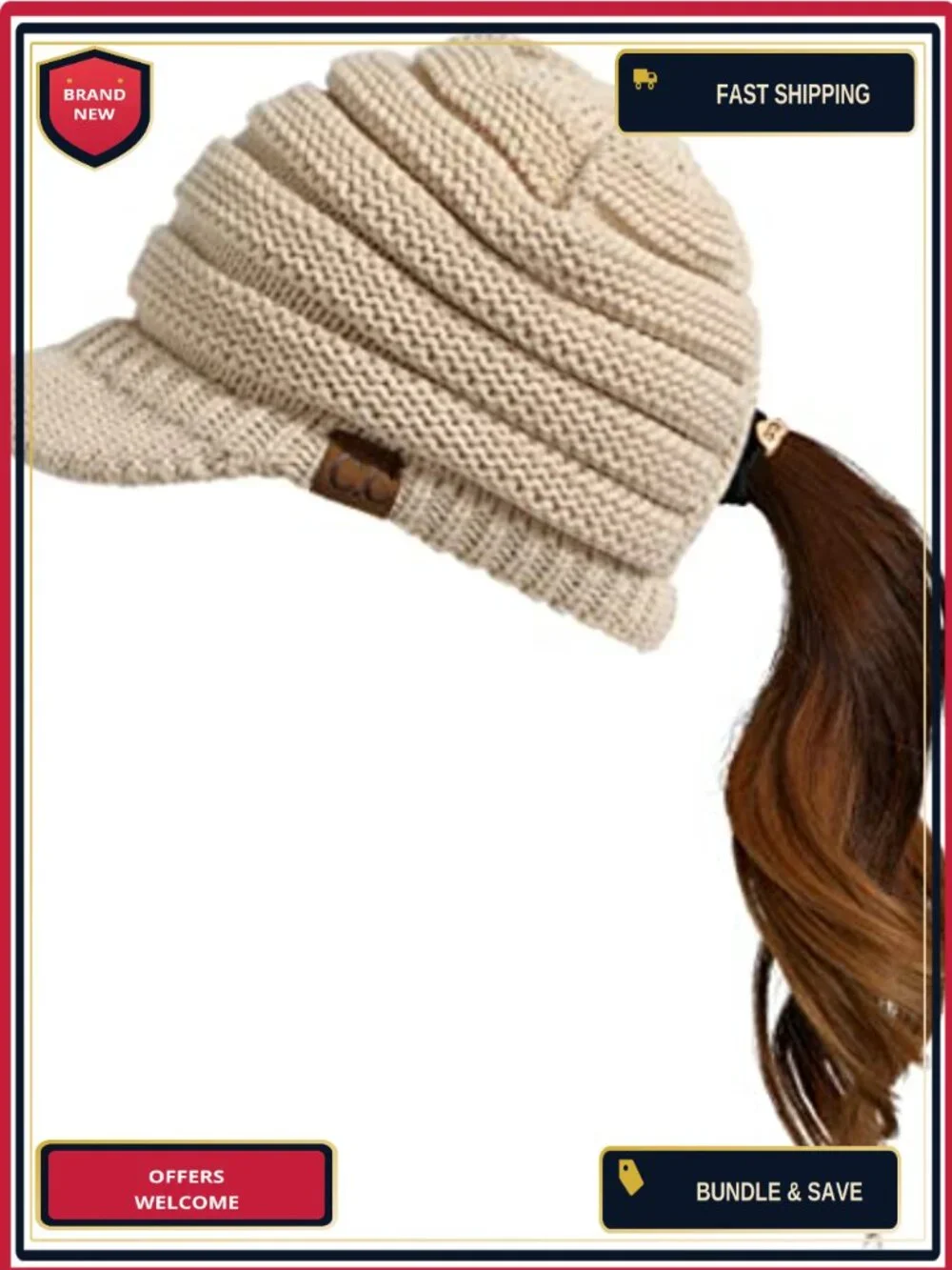 Ribbed Knit Beanie Hat with Ponytail Hole Stretchy Winter